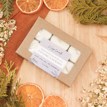 Charger l'image dans la galerie, Ensemble de 6 lampions lavande et romarin, faits de cire de soya et de coco et d'huiles essentielles, décorés de fleurs et feuilles, dans une boîte