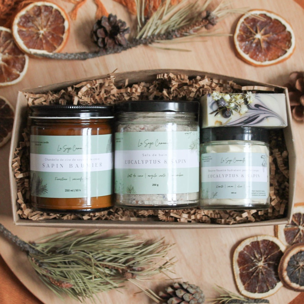 Boîte-cadeau de produits naturels artisanaux Eucalyptus et sapin, chandelle, sels de bain, mini beurre fouetté et savon