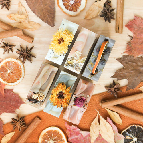 Ensemble de 6 savons de la collection d'automne, parfums naturels d'huiles essentielles, colorés avec argiles et plantes, décorés de fleurs et feuilles