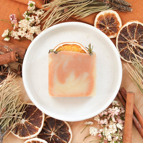 Savon artisanal naturel pour le corps, Épices des bois (Épinette, bergamote, cannelle, romarin, cloude girofle), Fait à la main avec ingrédients naturels et huiles essentielles, coloré naturellement argile, décoré d'orange et sapin