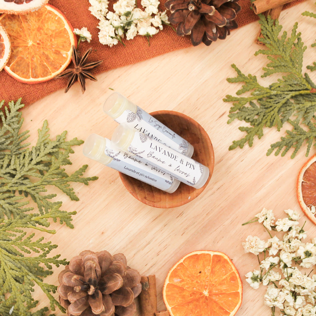 Baume à lèvres lavande et pin, fait d'ingrédients naturels et huiles essentielles, texture légère et hydratante, dans un tube