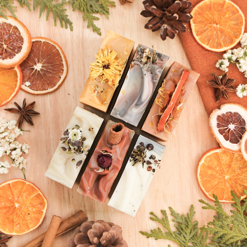 Ensemble de savons pour le corps, collection hiver, faits d'ingrédients naturels et huiles essentielles, colorés naturellement, décorés de plantes