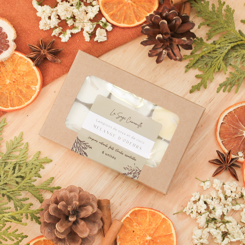Ensemble de 6 lampions, faits de cire de soya et de coco et d'huiles essentielles, décorés de fleurs et feuilles, dans une boîte