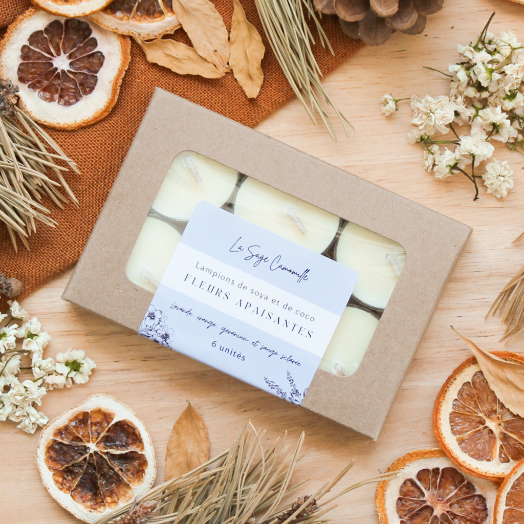 Lampions fleurs apaisantes, parfum naturel d'huiles essentielles, boîte de 6 unités