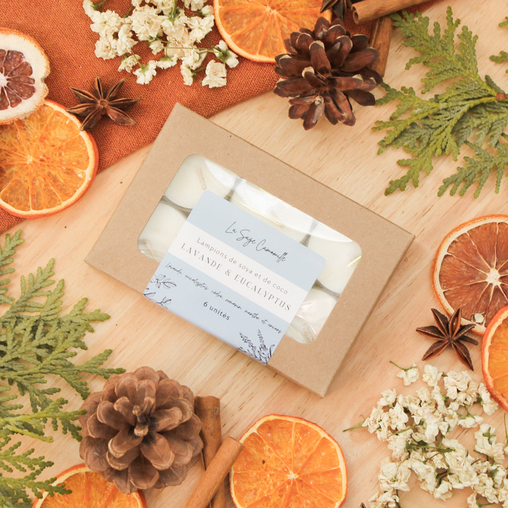 Ensemble de 6 lampions lavande et eucalyptus, faits de cire de soya et de coco et d'huiles essentielles, décorés de fleurs et feuilles, dans une boîte