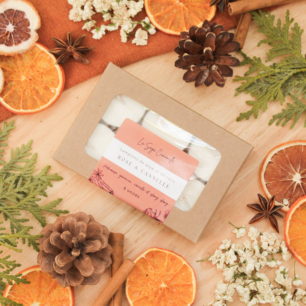 Ensemble de 6 lampions rose et cannelle, faits de cire de soya et de coco et d'huiles essentielles, décorés de fleurs et feuilles, dans une boîte